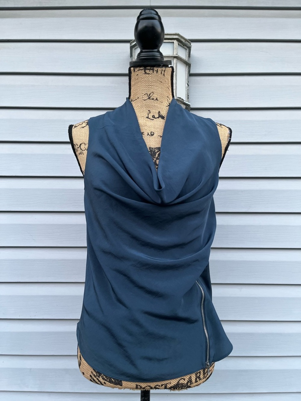 Helmut Lang Sleeveless Draped Cowl Neck Top in Slate Blue